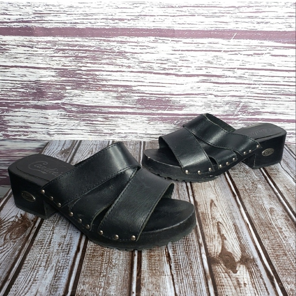 Vintage Candies Black Leather Wood Platform Sandals Y2K chunky slip on size 9.5